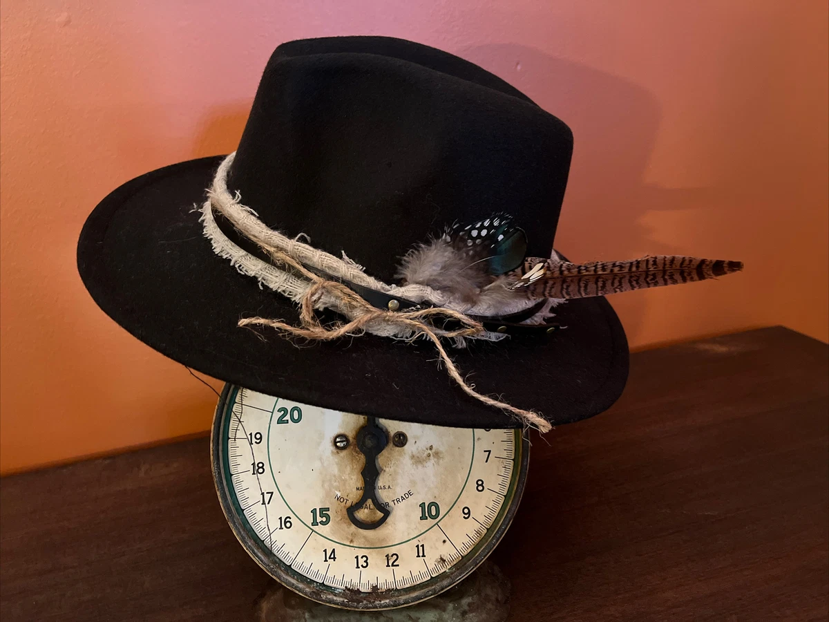 Women Wide Brim Retro Felt Fedora Hat With Feathers And Material Black  Western