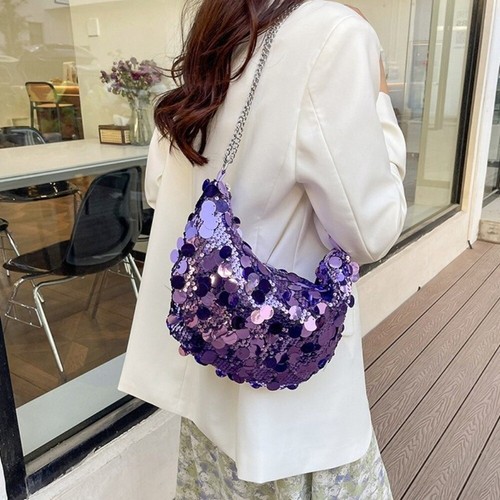 Shiny Evening Clutch Bag Glitter Chain Crescent Bag Dinner - Picture 7 of 16