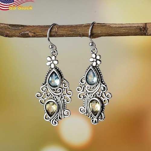 Orecchini Goccia Boho Donna Placcati Argento 925 Gioielli Verde Tormalina Simulati - Foto 2 di 5