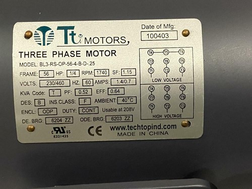 TECHTOP 1/4 HP 1740 RPM ODP 208/230/460 VAC FR: 56  3 PHASE MOTOR NEW SURPLUS - Picture 3 of 8