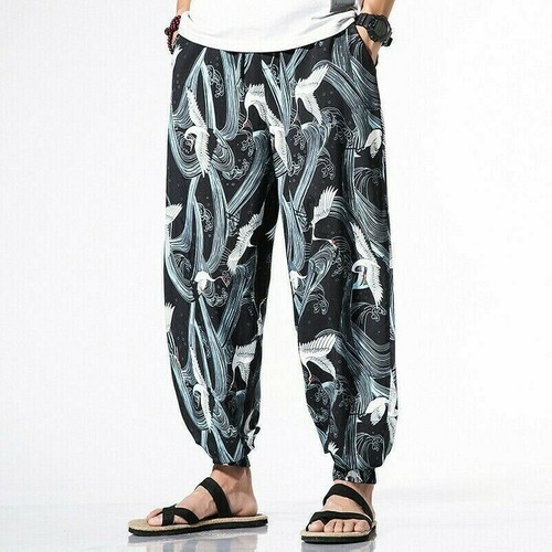 Uomo Pantaloni Caviglia a Bande Giapponese Crane Casual Stile Etnico Larga  | eBay