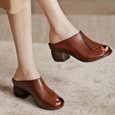 Women's Faux Leather Slippers Retro Sandals Block Heels Shoes Peep Toe Casual SZ