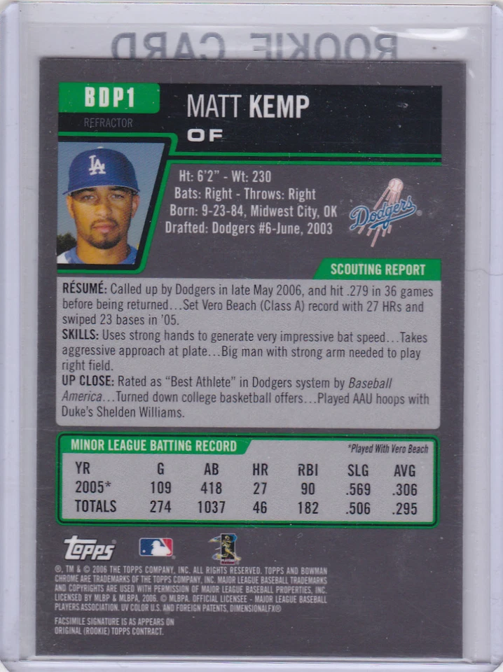 MATT KEMP ROOKIE CARD 2006 Bowman Chrome RARE $$ REFRACTOR Los Angeles Dodger RC - Image 2 of 2