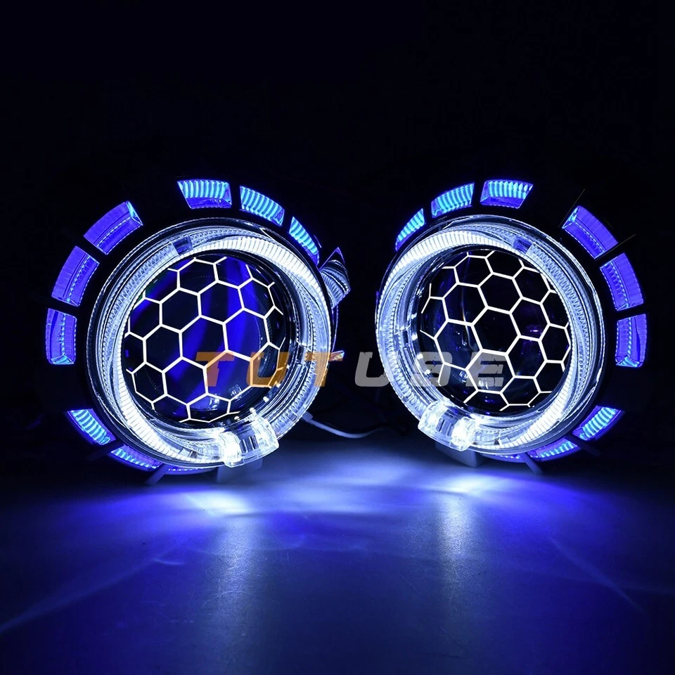 2.5'' 8.0 Honeycomb Bi xenon Projector Lens Red Blue LED angel Eyes Headlight - Image 4 of 4