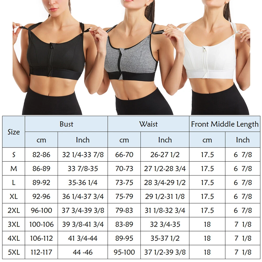 S-5XL Women Zip Front Sports Bra High Impact Adjustable Full Support Padded  Bra