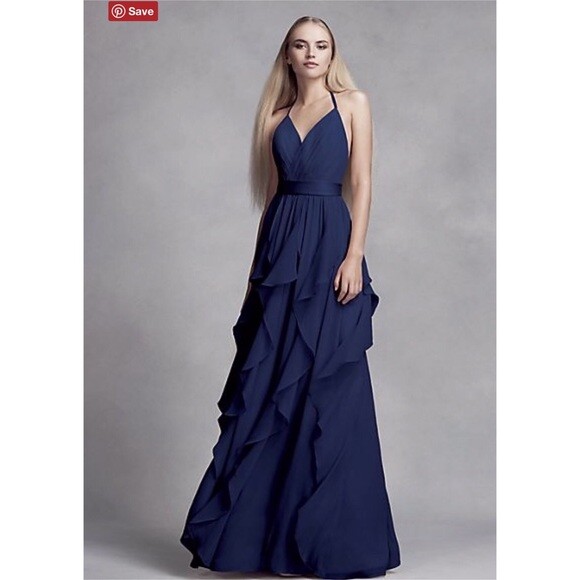 Vera Wang 10 12 Navy Blue Formal Evening Gown dress Midnight Ruffle