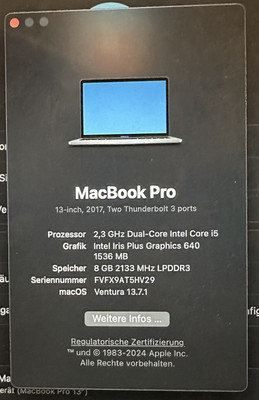 Apple MacBook Pro 13 Zoll (256GB SSD, Intel Core i5 7. Gen, 2,3GHz, 8GB) Laptop