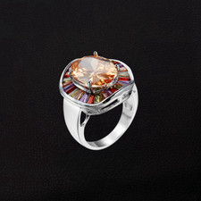 White Gold Plated Mixed Color Cubic Zirconia Oval Flower Ring Size 6-9