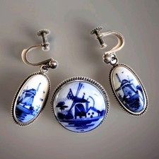Antique 925 Sterling Silver Delft Dutch Windmill Brooch Pin Earrings Set 1940s