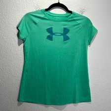 Under Armour HeatGear T Shirt Youth Large Mint Green Graphic Big Logo Loose Fit