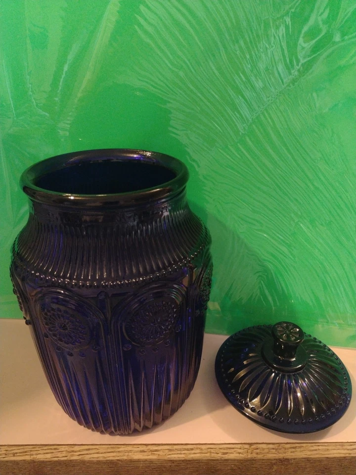 PIONEER WOMAN Cobalt Blue Glass Biscuit Jar Adeline Snack Cookie Jar - Image 3 of 4