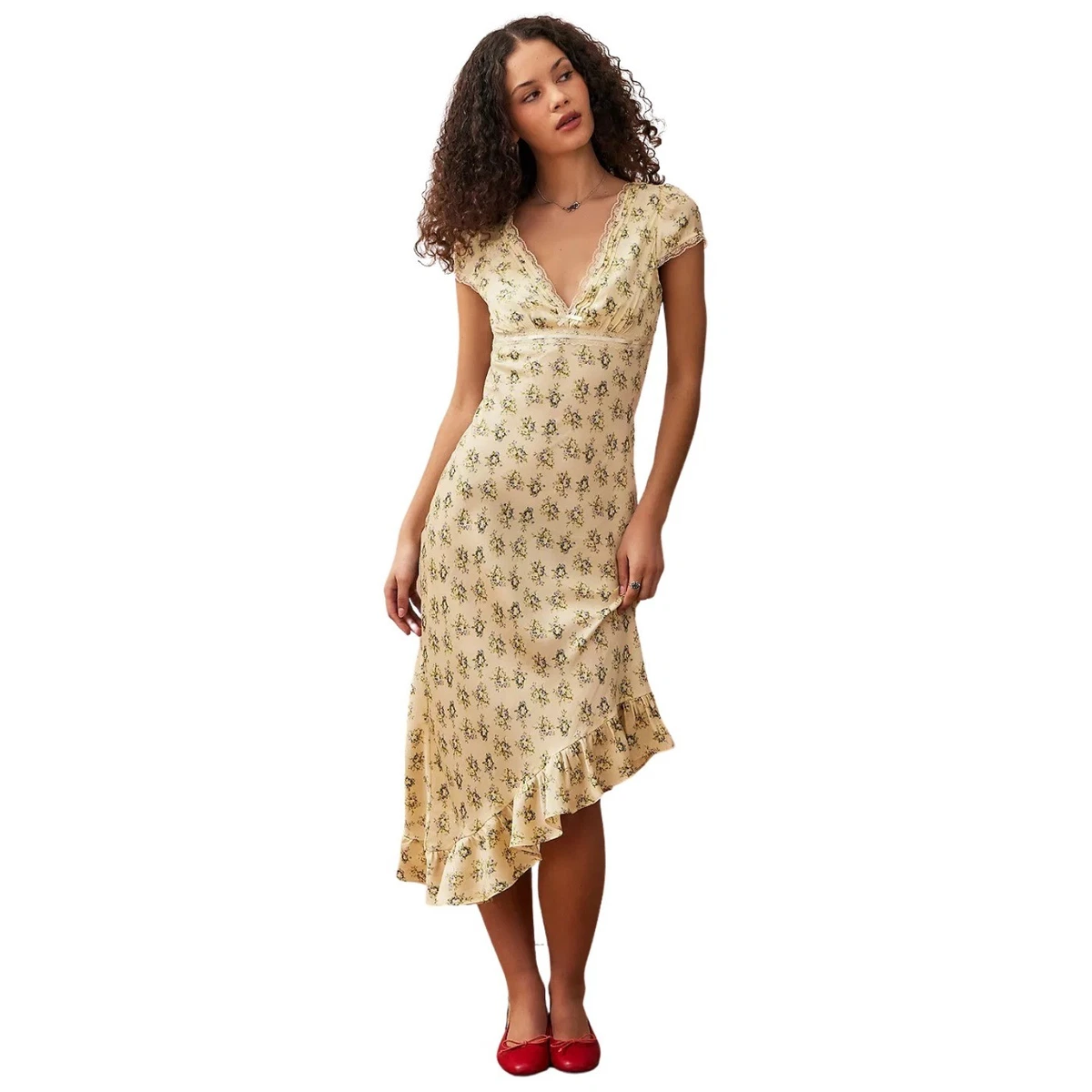 lace butter yellow dress Lemon Yellow Lace And Beading V-Neck Long Dress With Lace Up Back main image 0