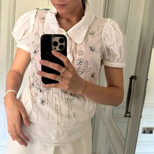 Dolce and Gabbana white rhinestone puff sleeve top shirt D&G - Picture 2 of 8