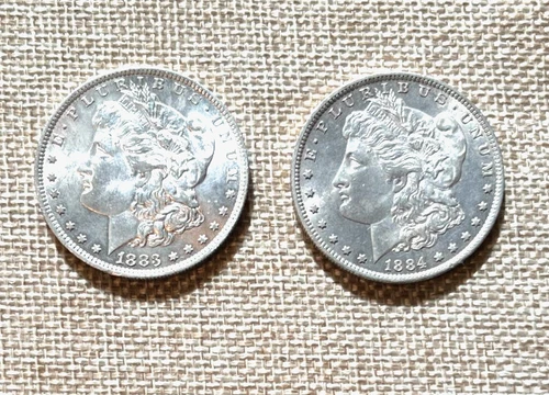Lot of 2 Nice Morgan Dollars, 1883-0 & 1884-0, Good Luster, AU, 90% Silver