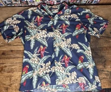 VTG Mens L Paradise Found Blue Red Parrot Rayon Hawaiian Shirt Magnum PI USA