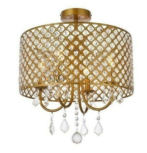 Chandelier Semi Flush mount 4 Light Fixture Round Shade with Crystals Ceiling - Picture 4 of 9