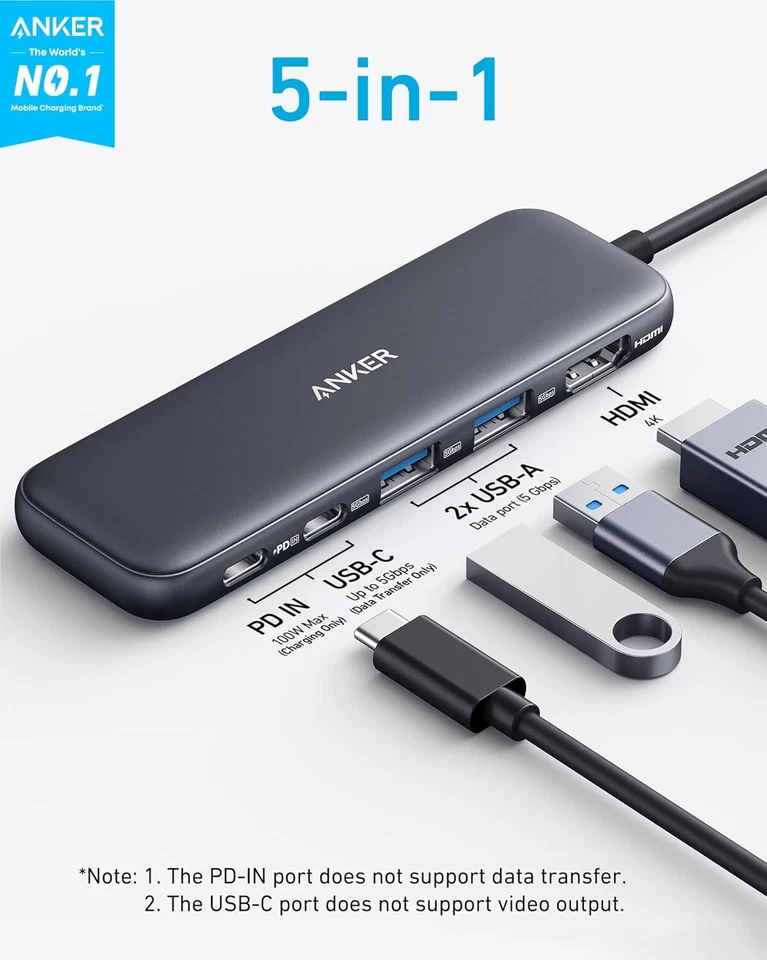 Anker 5-in-1 USB-C Hub Splitter with 4K HDMI/5Gbps USB-C Data Ports/USB-A|Refurb
