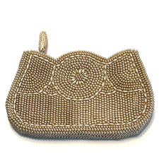 Vintage Japanese Women's Beaded Clutch Purse Faux Pearl Floral Zip Closure
