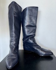 Vtg Sz 8 8.5N Italian 80s Bandelino Navy Blue Leather Riding Slouch Boots Italy