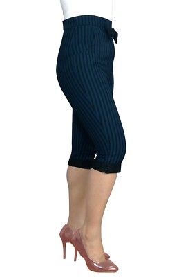 2X SLIMMING SEXY 60s PINUP RETRO CHIC BLACK BOW BLUE STRIPED CLAM DIGGERS CAPRIS