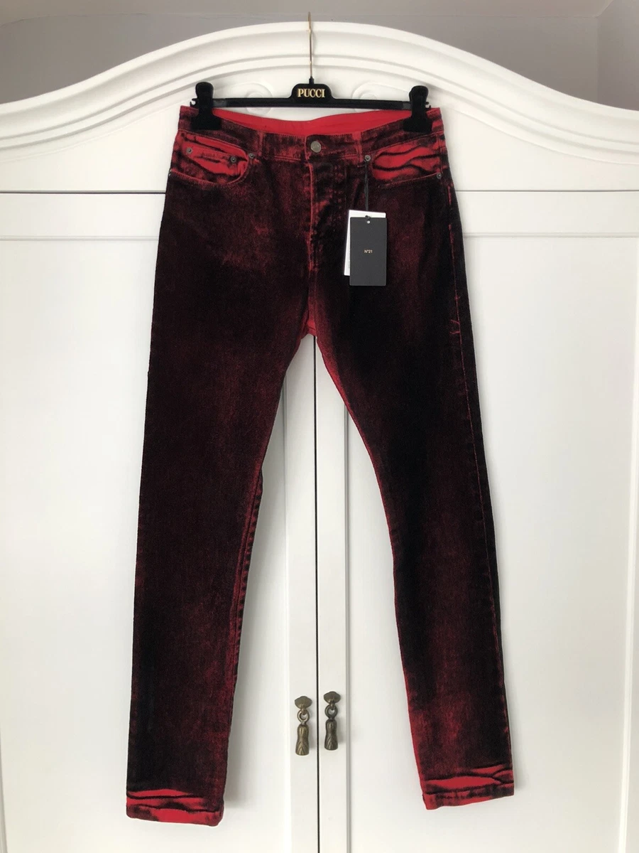 N 21 Electro Black Red Velvet Coated Pants Trousers Jeans Made