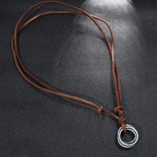 Mens Retro Metal Rings Pendant Genuine Leather Surfer Choker Long Necklace Brown