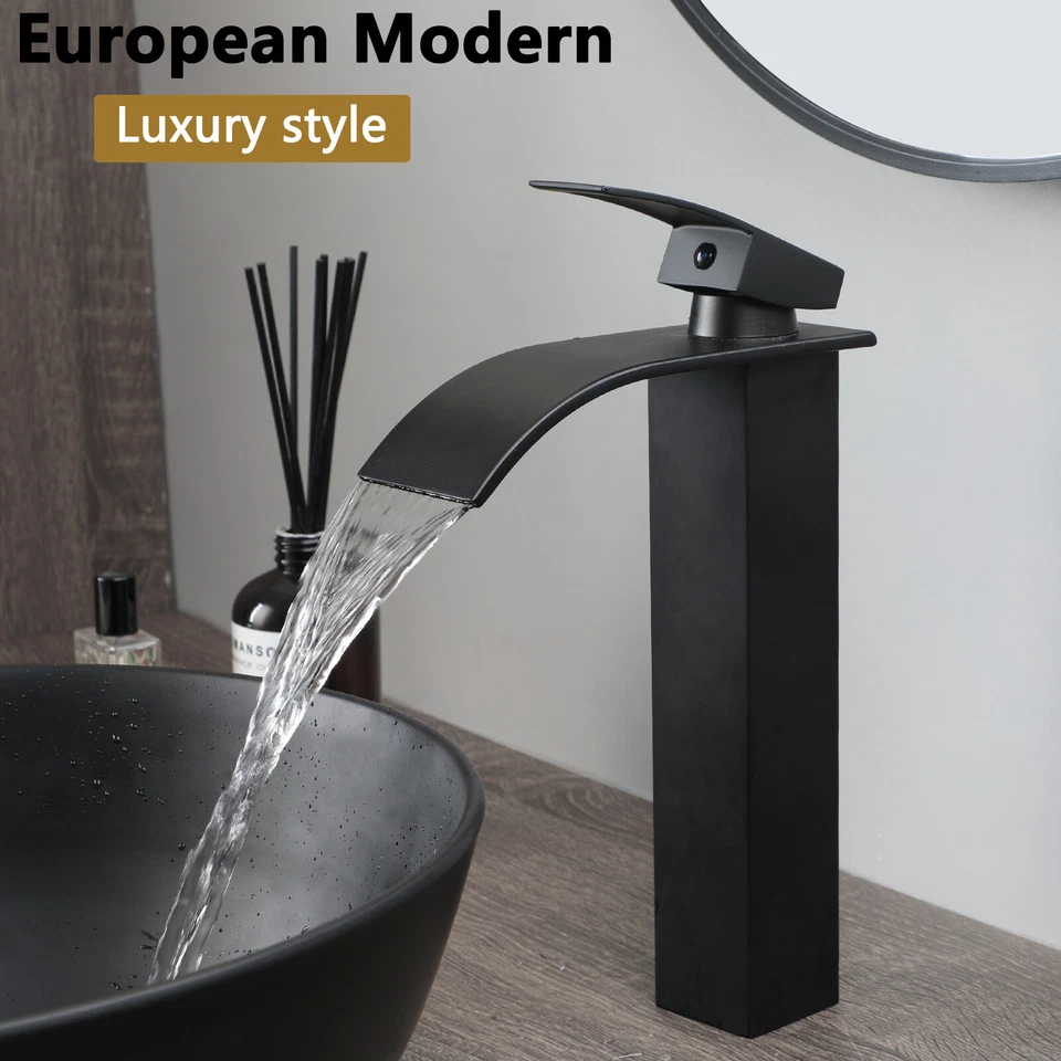 Round Bathroom Vessel Sink Black Washing Basin Mixer Waterfall Faucet Set Drain - Image 3 of 4