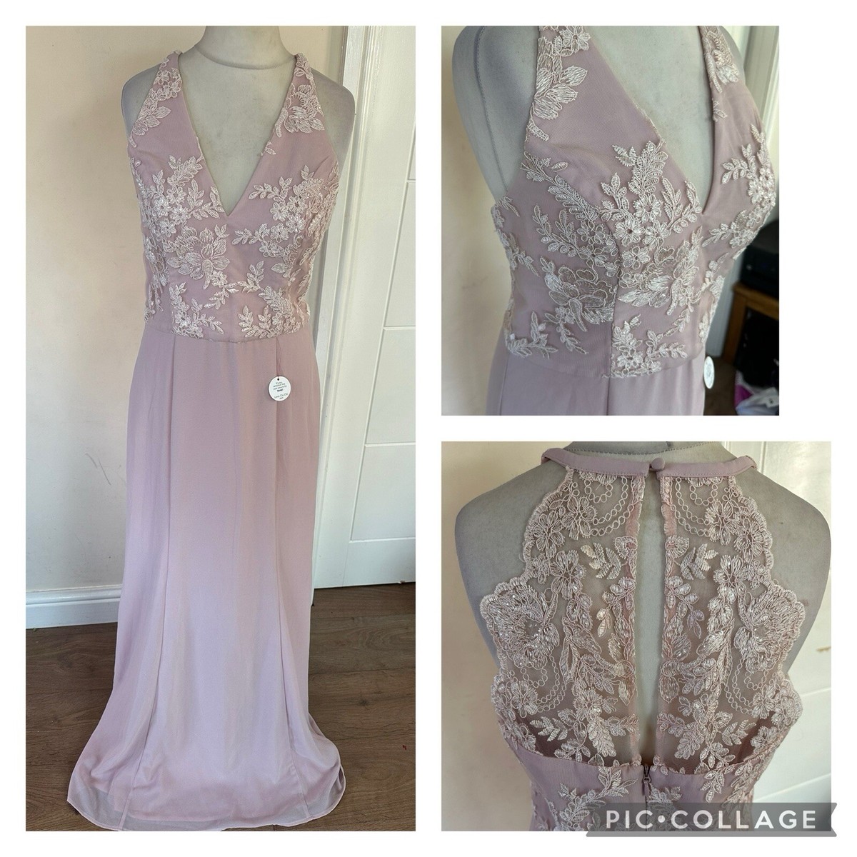 Chi Chi London Avia Blush Embroidered Floral Lace Maxi Dress Size