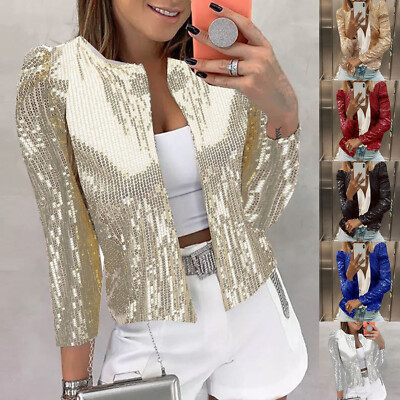 Women Glitter Sequin Short Coat Jacket Ladies Blazer Bomber Party CardigaOutwear