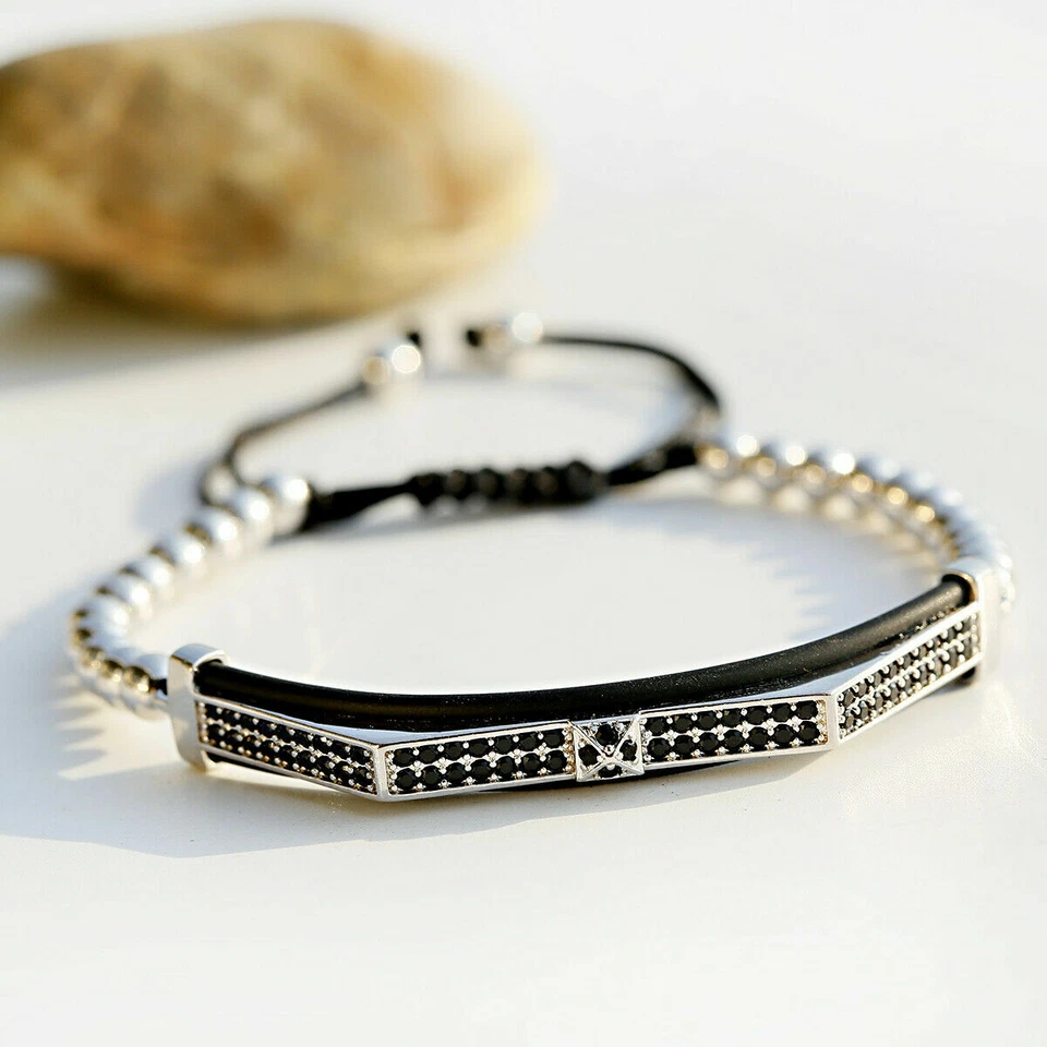 Juego de 3 piezas de pulsera trenzada de cuentas de corona pavé de plata de lujo para hombre Foto 3 de 4