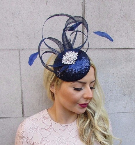 Navy Blue Silver Feather Pillbox Hat 