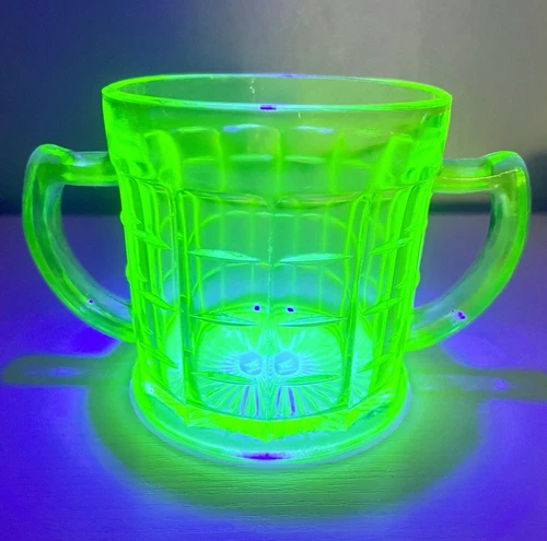 Hazel Atlas Colonial Block Green Depression Uranium Glass Open Sugar Bowl