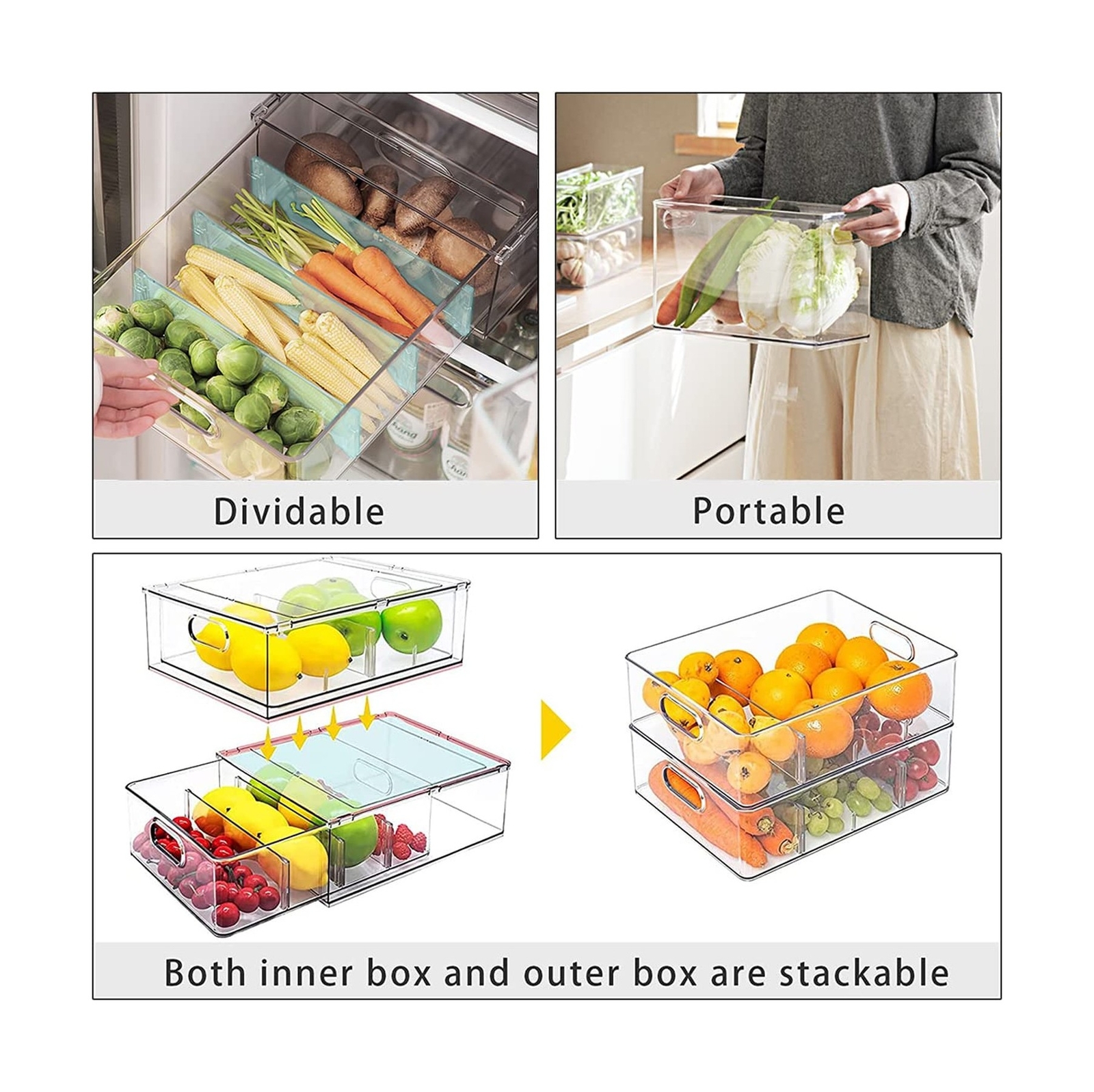MineSign 2Pack Stackable Fridge Drawers Pull-Out Bins Divided Produ... Fast Ship