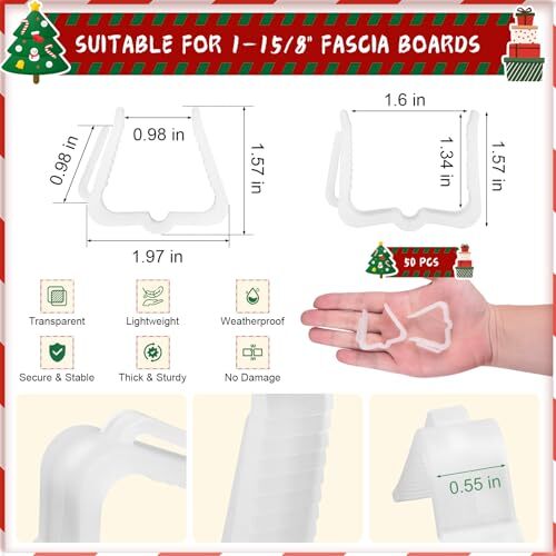 50 Pcs Christmas Light Clips, 1 5/8" Fascia Board Clips Clear Plastic