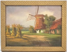 Vintage Dutch Impressionist Oil Painting Hay Stacks & Windmill Landscape, Signed