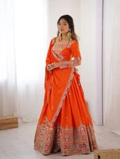 Stunning Designer Orange Natural Crepe Silk Lehenga Choli With Dupatta For Women