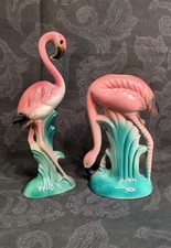2 Vintage Mid Century Art Deco Pink Flamingos Ceramic Figurines