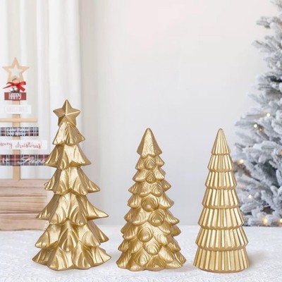 Gold Christmas Tree Figurines Tabletop Tree Set of 3 Small Resin Christmas Tr...