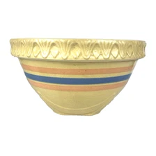 Primitive Bowl Crock Yellow Ware Impressed Pink Blue Stripes McCoy Vintage 10.5”