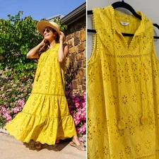 Crown & Ivy Classic Preppy 100% Cotton Sunny Yellow Eyelet Midi Pom Pom Dress M