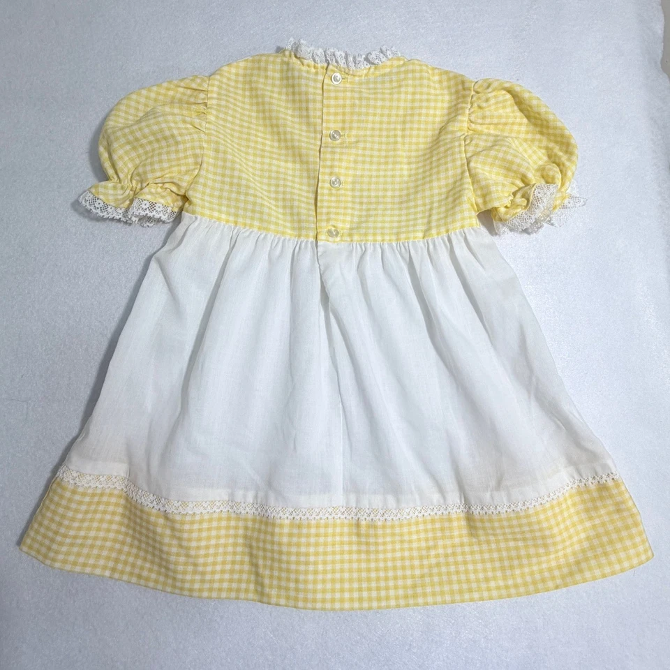 复古黄色格子缩褶婴儿连衣裙蕾丝装饰袖口复活节 3T — 第 2/4 张图片