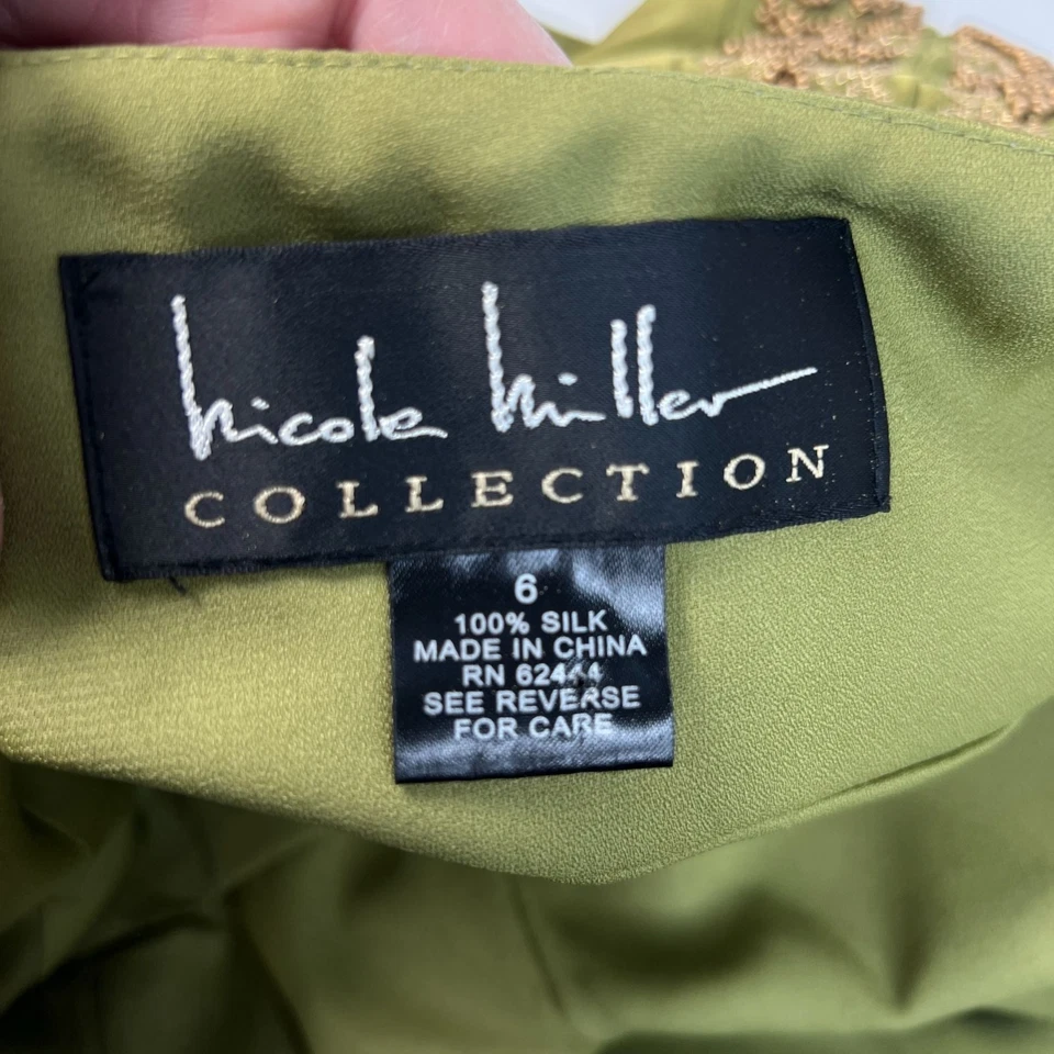 复古 Nicole Miller 系列缎面懒人连衣裙绿色串珠刺绣丝绸 6 — 第 3/4 张图片