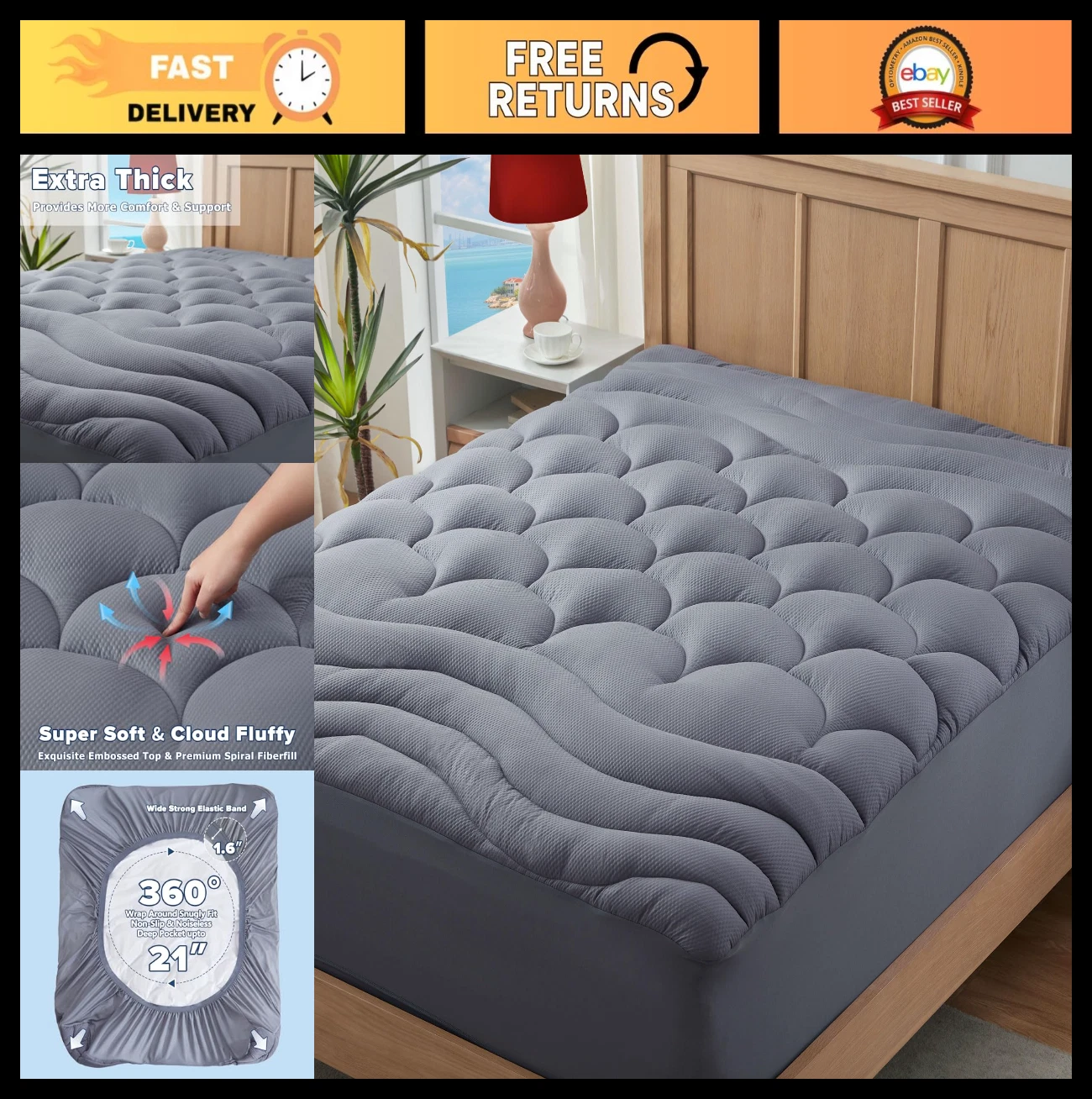 King Mattress Pad for Back & Hip Pain Relief, Cooling Pillow Top, Deep Pocket Co