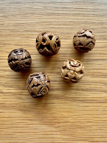 Handmade Chinese Carved Fruit Pit Seed Wood Butterfly Moth Beads Lot