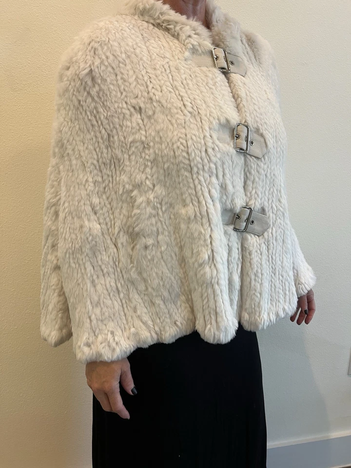 Vintage Guess White Fur Cape Circa 1990 Angora Buckle Front Sweater Shawl NWT - Image 2 of 4