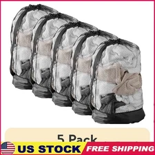 Heavy Duty Black Mesh Laundry Bag 5 Pack Carry Strap Drawstring Durable Storage