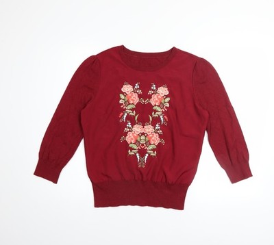 Oasis Damen rot Blumen bestickt 3/4 Ärmel Pullover Pulli Gr. 12