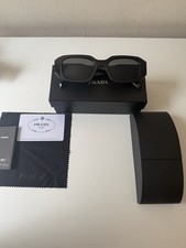 PRADA Women  s Rectangle Sunglasses Black Plastic Frame Gray Tinted Lenses