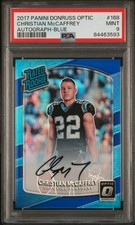 CHRISTIAN MCCAFFREY PSA 9 2017 PANINI DONRUSS OPTIC #168 ROOKIE AUTO BLUE RC /75