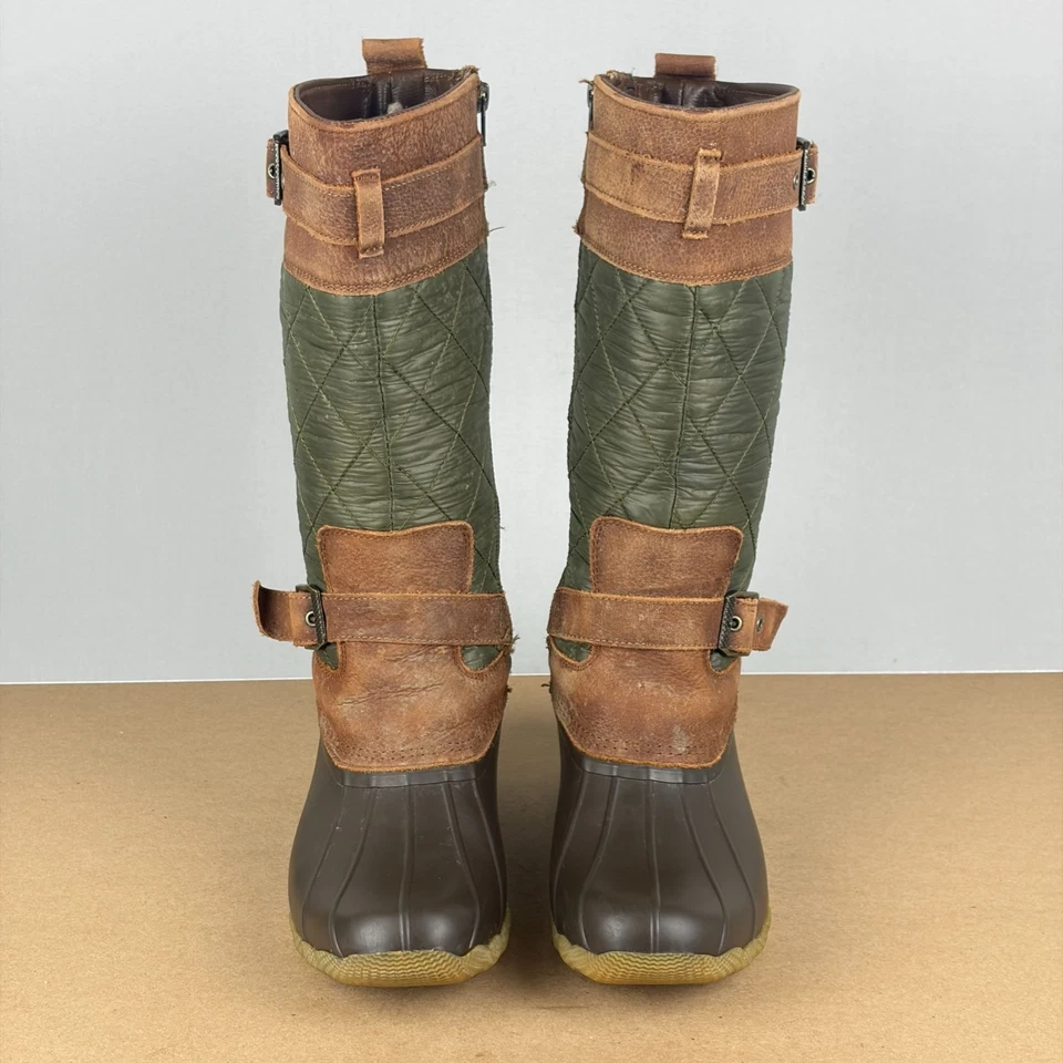 Sperry Saltwater Tall Quilted Duck Boots Womens 8 Brown Green Side Zip Leather - Image 2 of 4